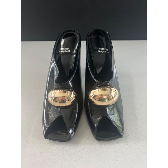 JEFFREY CAMPBELL CHEEKY O PEEP TOE BLACK PATENT HEELS SLIDE SIZE 9.5 - Picture 3 of 9